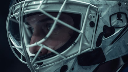 Close-up portrait of an ice hockey player in the helmet.の素材