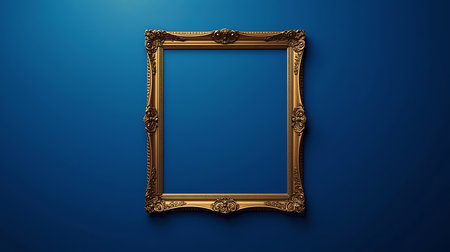 Golden picture frame on blue background. Template for your design. Vector illustrationの素材