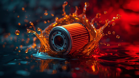 Car oil filter with water splashes and drops. 3d renderの素材