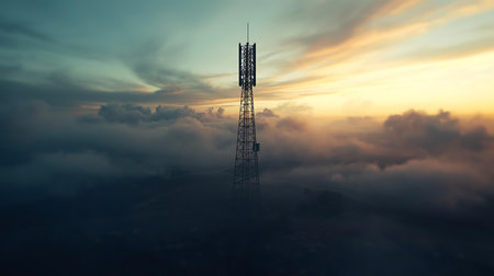 Telecommunication tower in the clouds at sunset. 3d render.の素材
