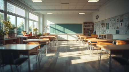 Classroom interior with empty desks and chairs. 3D Renderingの素材