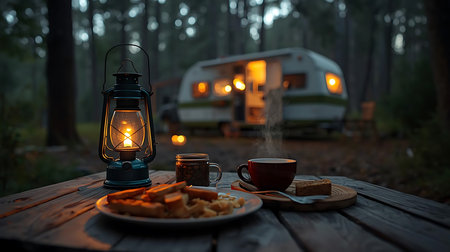 Camping in the woods. A cup of coffee and a lantern on a wooden table in the forest.の素材
