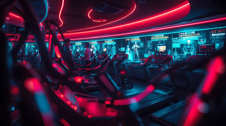 Futuristic interior of a modern fitness club with neon lights.の素材