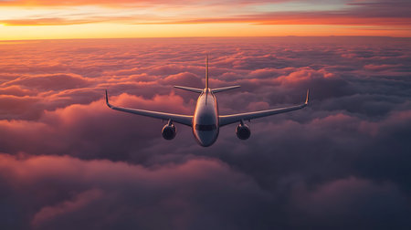 Commercial airplane flying above the clouds at sunset. 3d render illustrationの素材