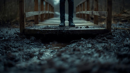 Man standing on wooden bridge over puddle in forest, closeupの素材