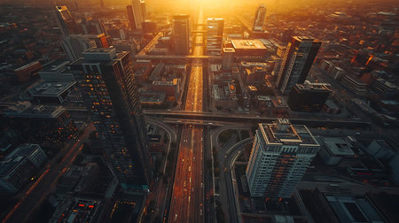 Top view of a modern city at sunset. 3d rendering.の素材