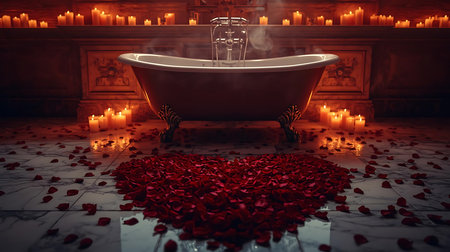 Valentine's day concept. Red rose petals in the shape of a heart and a bathtubの素材