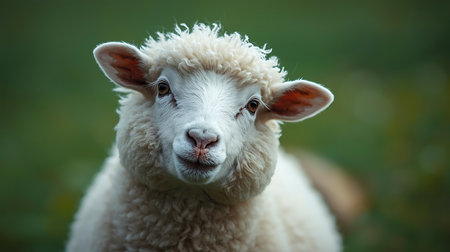 Portrait of a cute white sheep on a green meadow.の素材