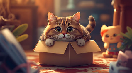 Cute cat is sitting in a cardboard box. 3d renderingの素材