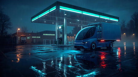 Car at the gas station at night with fog. 3d renderingの素材
