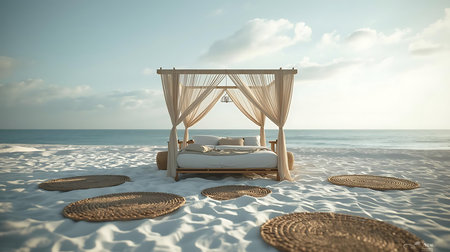 3d rendering of a beautiful beach with a bed and a canopyの素材