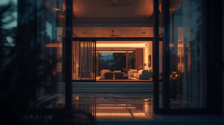 Luxury living room with big windows, night view. 3d renderingの素材