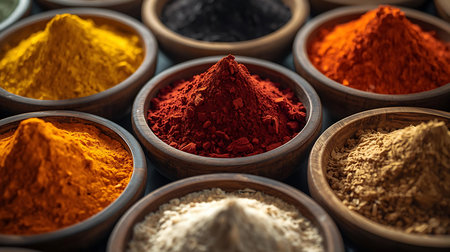 Colorful spices in wooden bowls, close-up, selective focusの素材