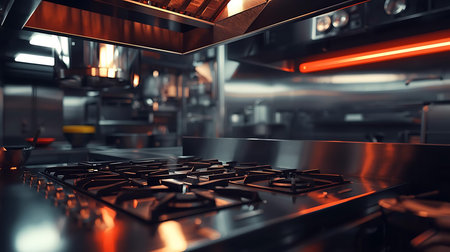 Modern kitchen interior with gas stove. 3d rendering toned imageの素材