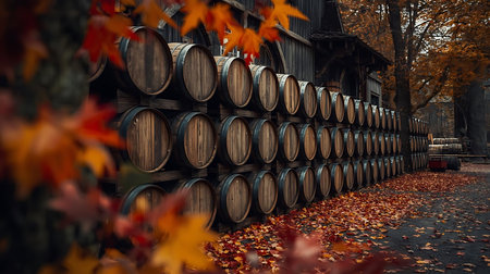 Wine barrels stacked in a row on the background of autumn leavesの素材