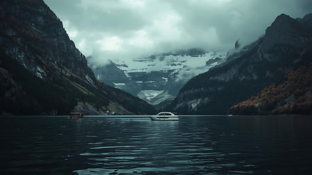 Beautiful landscape of lake and mountains with cloudy sky,3d renderの素材