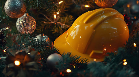 Yellow hard hat on christmas tree with bokeh lights.の素材