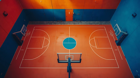 Basketball court with red and blue floor, basketball court, basketball court.の素材