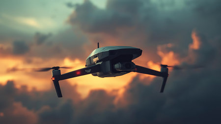 Drone flying in the sky at sunset. 3d rendering.の素材