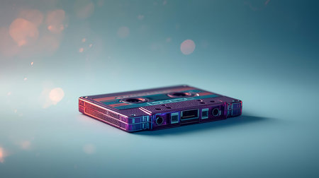 Vintage audio cassette tape on blue background. 3d illustration.の素材