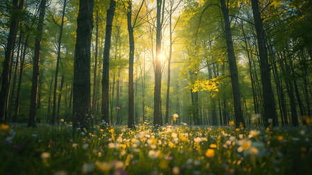 Sunset or sunrise in the green forest with daffodilsの素材