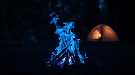 Camping in the forest at night. Close-up of bonfire and tent.の素材