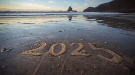 New Year 2015 written in the sand on the beach at sunrise.の素材