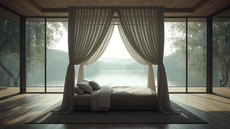 3d rendering of a modern bedroom in a wooden house with a lake viewの素材