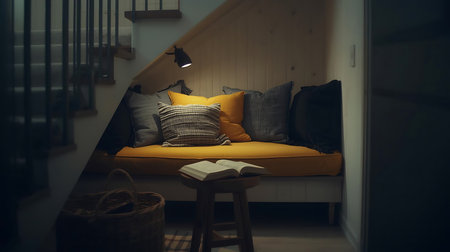 Sofa with pillows on the stairs in the living roomの素材