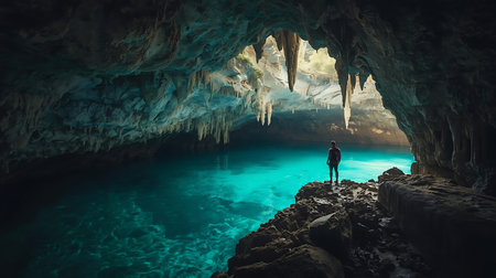 Man standing on the edge of a cave and looking at the seaの素材