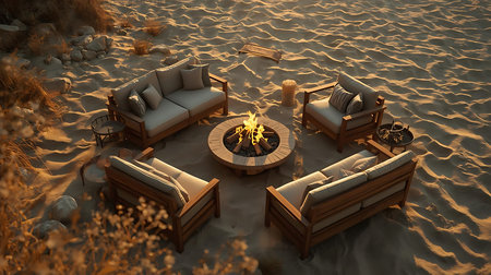 3d rendering of an outdoor patio with a fire in the sandの素材