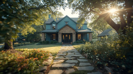 A view of a beautiful home in the park during the sunset.の素材