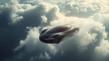 Futuristic car flying high in the clouds. 3d renderingの素材
