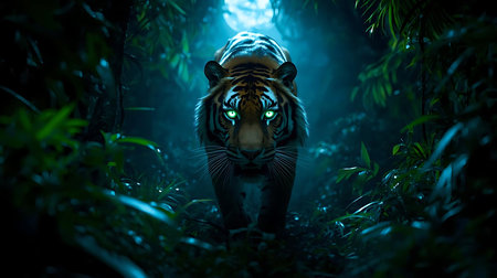 Tiger in the dark forest at night,3d rendering.の素材