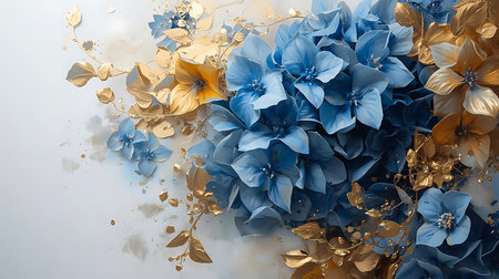 Blue and yellow hydrangea flowers on white background. 3d renderingの素材