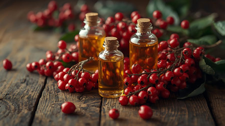 Bottles of berry essential oil and red berries on wooden backgroundの素材