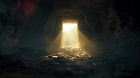 Entrance to a dark underground cave with light coming from the endの素材