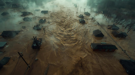 Aerial view of a flood caused by heavy rains and flooding.の素材