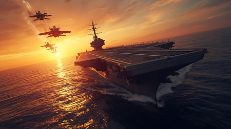 Fighter aircraft carrier in the sea at sunset. 3d renderの素材
