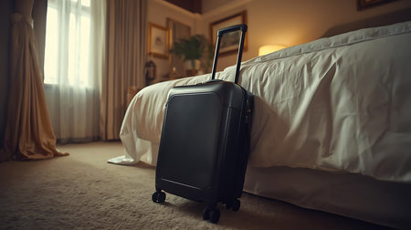 Black suitcase on carpet in hotel room interior. Travel and vacation conceptの素材
