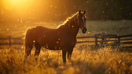 Horse in the meadow at sunset. Beautiful summer landscape.の素材
