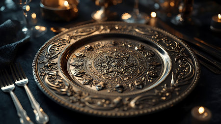 Vintage silverware and plates on the table. Selective focus.の素材