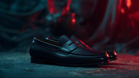 Fashionable men's shoes on a dark background with a red lightの素材