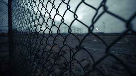 Close-up of a chain link fence against a cloudy sky.の素材