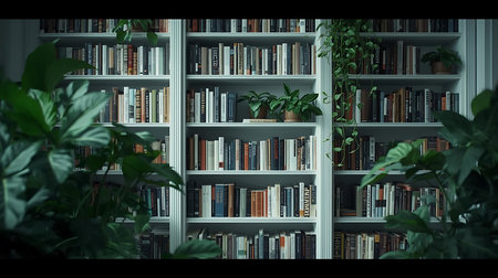 Bookshelf with books and green plants. 3d rendering.の素材