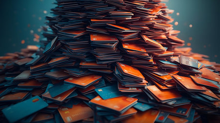 Pile of credit cards on dark background. 3D rendering.の素材