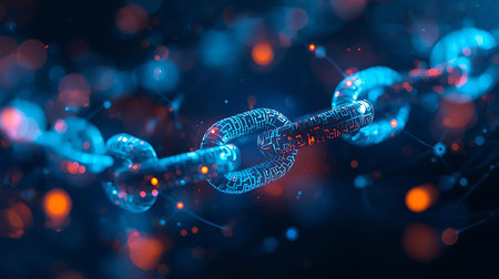3d rendering of abstract digital chain on dark background with bokeh lightsの素材