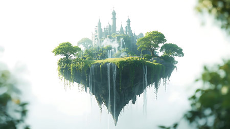 Fantasy landscape with castle and trees. 3d render illustration.の素材