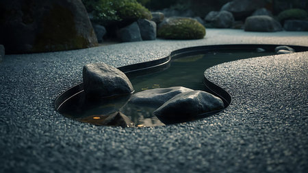 Wet stone in Japanese garden at night, Japan. Selective focus.の素材