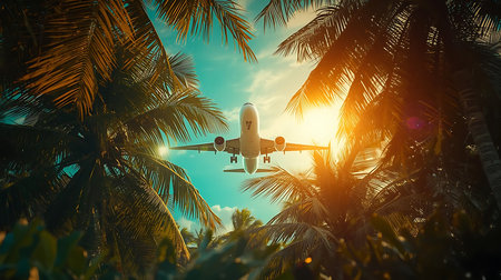 Airplane flying over palm trees at sunset. Travel and vacation conceptの素材